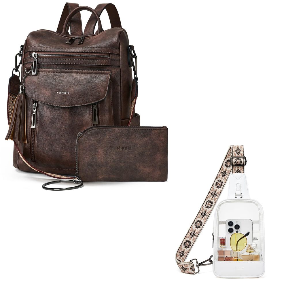 Backpack Purse for Women + Clear Bag Stadium Approved Coffee&Beige🤟